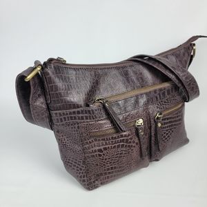 Great American Leather Crossbody Bag Brown Croco Style Leather Multi-Compartment
